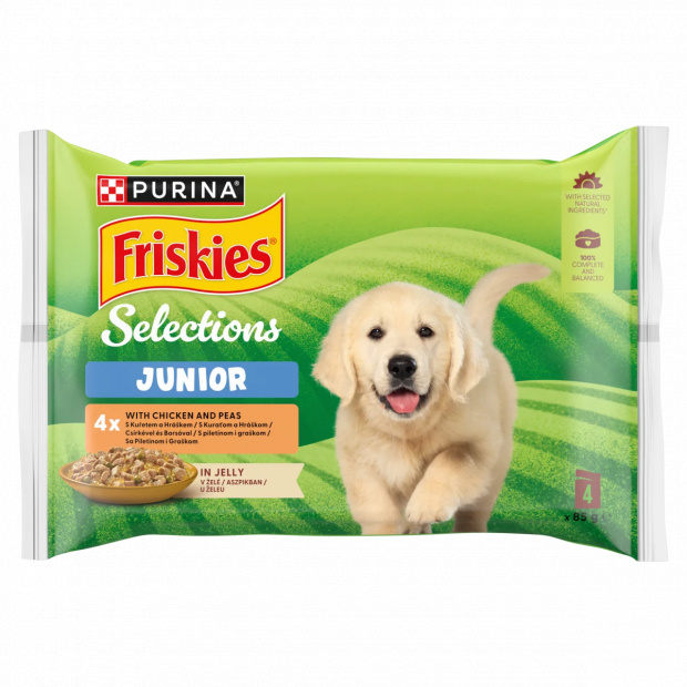 Purina Friskies Junior csirkével és borsóval aszpikban nedves kutyaeledel 4 x 85 g