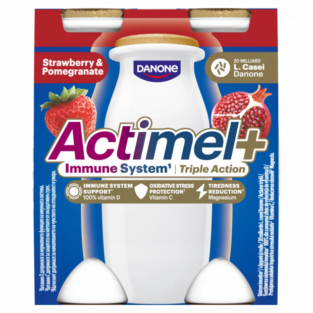 Danone Actimel+ eper- és gránátalmaízű zsírszegény joghurtalapú ital 4 x 100 g (400 g)