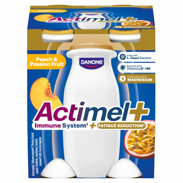 Danone Actimel+ őszibarack- és maracujaízű zsírszegény joghurtalapú ital 4 x 100 g (400 g)