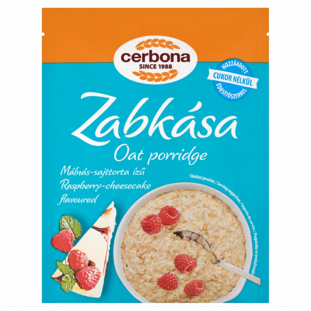 Cerbona málnás-sajttorta ízű zabkása cukor hozzáadása nélkül, édesítőszerrel 50 g