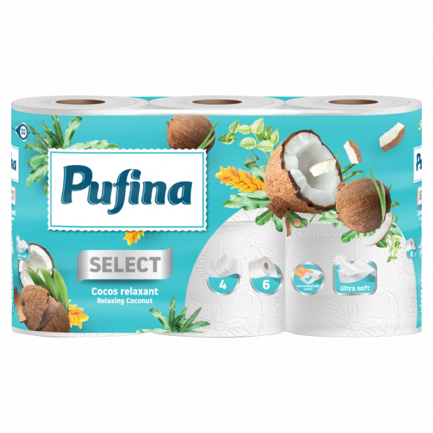 Pufina Nyugtató kókusz illatosított WC-papír 4 rétegű 6 tekercs Pufina Nyugtató kókusz illatosított WC-papír 4 rétegű 6 tekercs