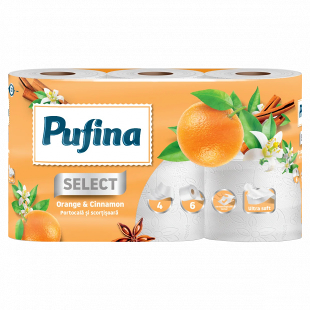 Pufina Narancs és fahéj illatosított WC-papír 4 rétegű 6 tekercs