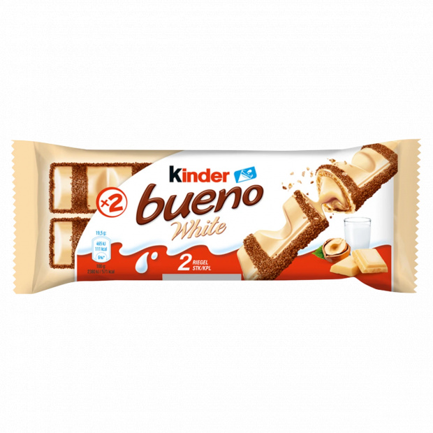 Kinder Bueno White fehércsokoládéval borított ostya tejes, mogyorós töltelékkel 2 x 19,5 g Kinder Bueno White fehércsokoládéval borított ostya tejes, mogyorós töltelékkel 2 x 19,5 g