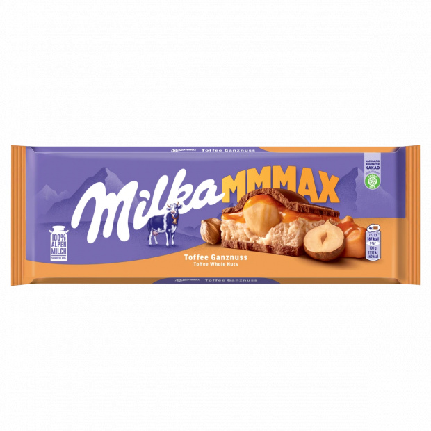 Milka alpesi tejcsokoládé karamell ízű tejszínes, karamellás töltelékkel és egész mogyoróval 300 g