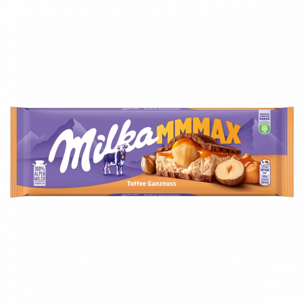 Milka alpesi tejcsokoládé karamell ízű tejszínes, karamellás töltelékkel és egész mogyoróval 300 g