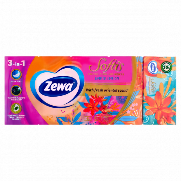 Zewa Softis Energizing Moments illatosított papír zsebkendő 4 rétegű 10 x 9 db