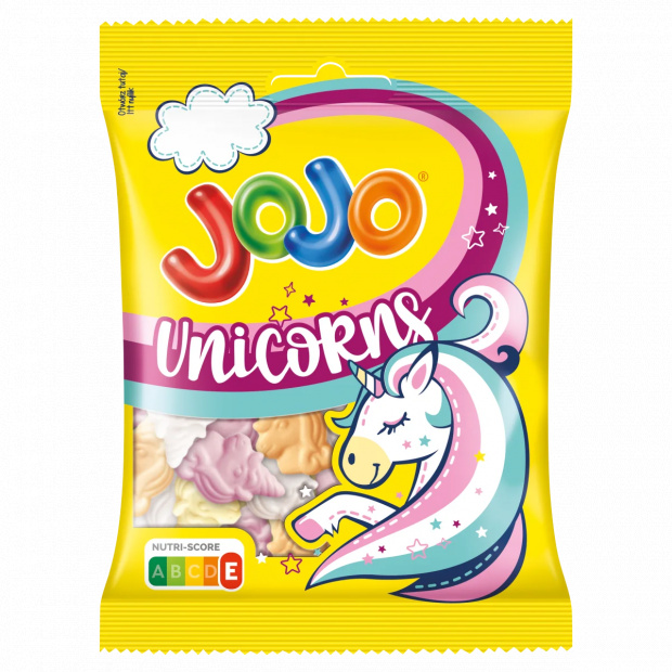 Jojo Unikorns gluténmentes vegyes gyümölcsízű habosított gumicukorka 80 g