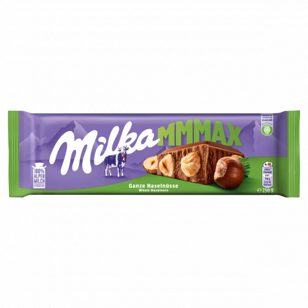 Milka Mmmax alpesi tej felhasználásával készült tejcsokoládé egész mogyoróval 250 g