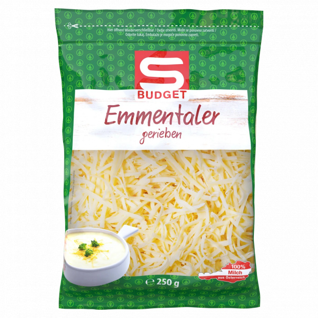 S-Budget Emmentaler reszelt, zsíros, kemény, nagylyukú sajt pasztőrözött tejből 250 g