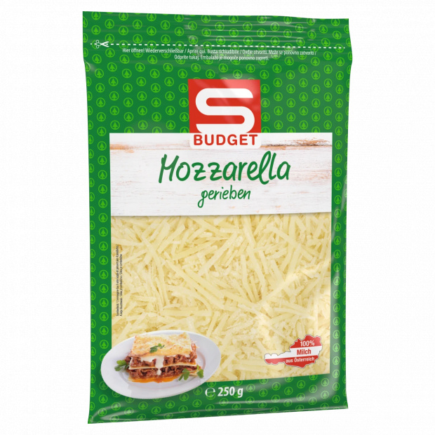 S-Budget mozzarella zsíros, félkemény, reszelt sajt pasztőrözött tejből 250 g