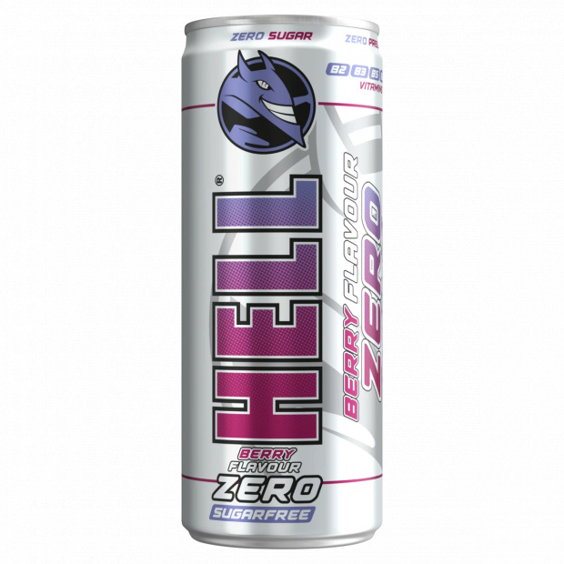 HELL Zero tutti-frutti- és bogyós gyümölcsízű, koffeintartalmú, szénsavas, alkoholmentes ital 250 ml