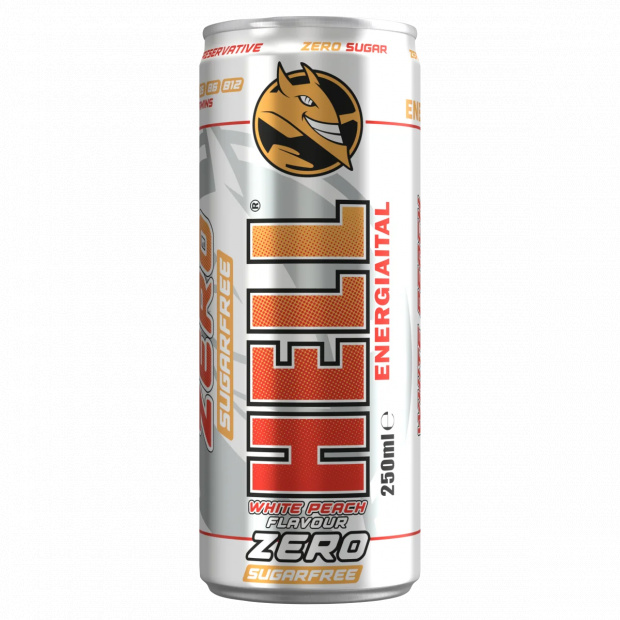 HELL Zero fehér őszibarackízű, koffeintartalmú, szénsavas, alkoholmentes ital 250 ml