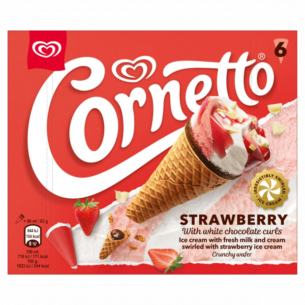 Cornetto epres jégkrém és vanília ízű tejjégkrém epres szósszal ostyatölcsérben 6 x 90 ml (540 ml)