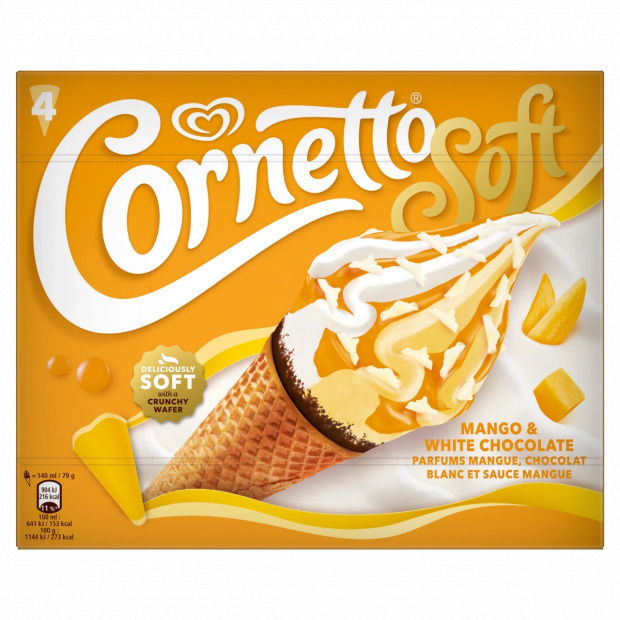 Cornetto Soft fehér csokoládé ízű jégkrém és mangó ízű jégkrém ostyatölcsérben 4 x 140 ml (560 ml)