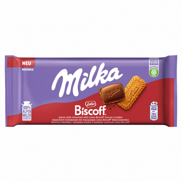 Milka alpesi tej felhasználásával készült tejcsokoládé karamellizált kekszdarabkákkal 90 g 