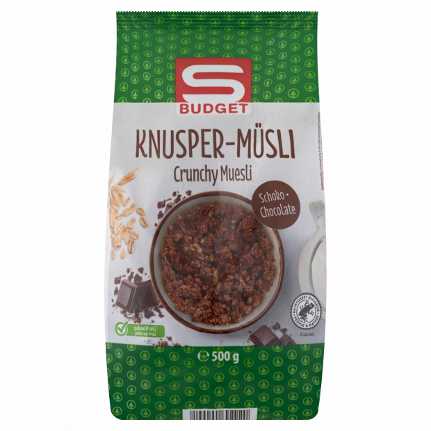 S-Budget ropogós müzli teljes kiőrlésű zabpehellyel és étcsokoládéval 500 g