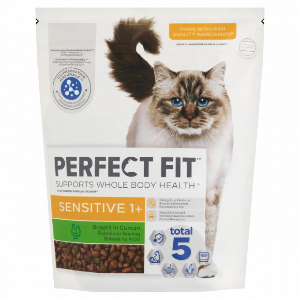 Perfect Fit Sensitive 1+ pulykában gazdag teljes értékű szárazeledel felnőtt macskák számára 750 g
