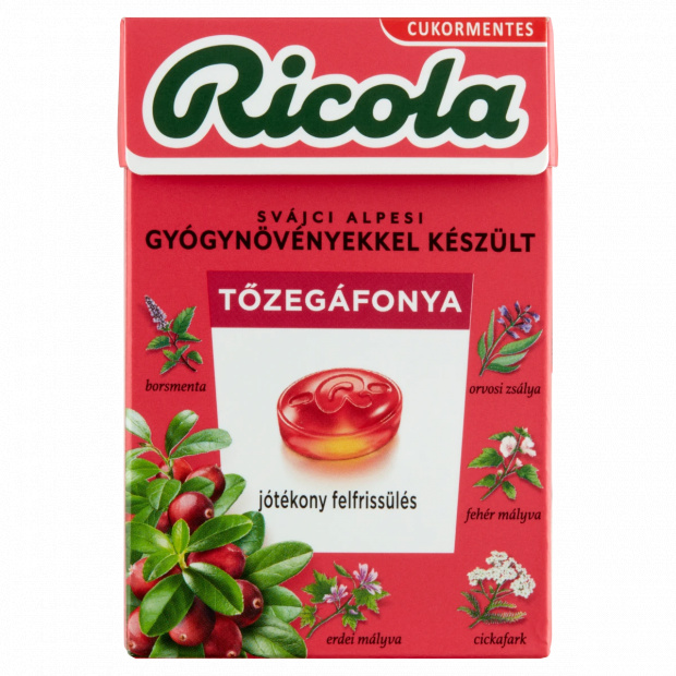 Ricola Tőzegáfonya cukormentes svájci gyógynövény cukorkák 40 g Ricola Tőzegáfonya cukormentes svájci gyógynövény cukorkák 40 g