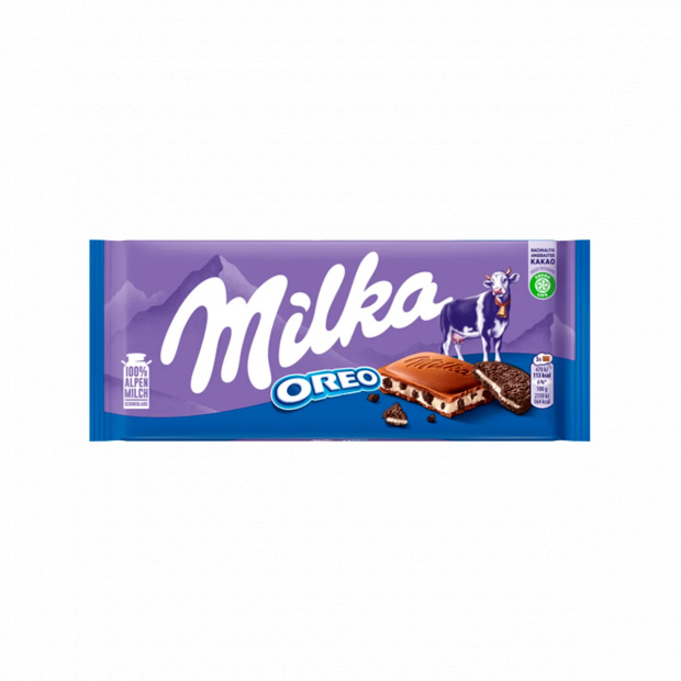 Milka Oreo alpesi tejcsokoládé kakaós kekszdarabokkal és vaníliaízű tejes krémtöltelékkel 100 g Milka Oreo alpesi tejcsokoládé kakaós kekszdarabokkal és vaníliaízű tejes krémtöltelékkel 100 g