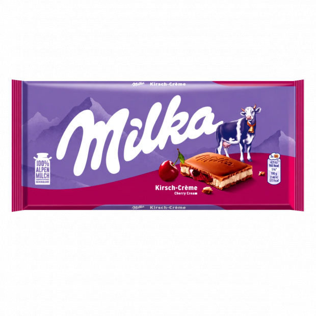 Milka alpesi tejcsokoládé meggyízű tejes krémtöltelékkel és meggyes gyümölcskrémmel 100 g