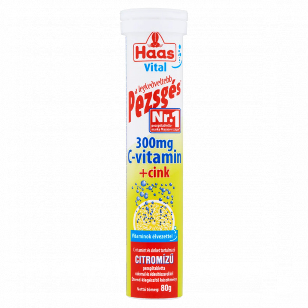 Haas Vital 300 mg C-vitamin + cink citromízű pezsgőtabletta cukorral és édesítőszerekkel 20 db 80 g