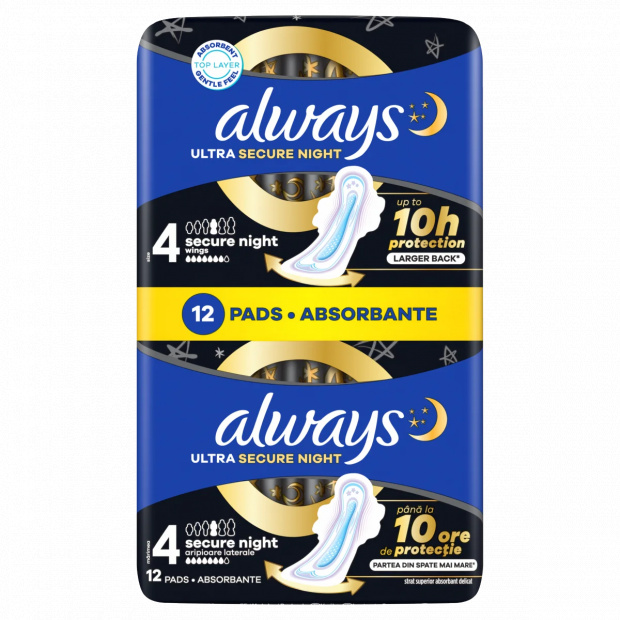 Always Ultra Secure Night Egészségügyi Betét (4-es Méret) Szárnyas Betét x 12]