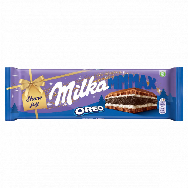 Milka Oreo alpesi tejcsokoládé, vanília ízű, tejszínes krémmel és kakaós keksszel 300 g
