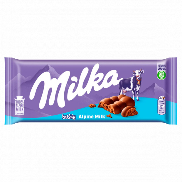 Milka Bubbly alpesi tejcsokoládé levegőbuborékos tejcsokoládé töltelékkel 90 g