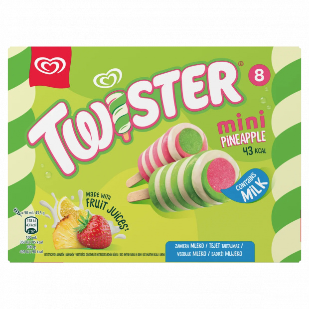 Twister Mini Pineapple ananász ízű jégkrém eper-citrom ízű vizes jégkrémmel 8 x 50 ml (400 ml)