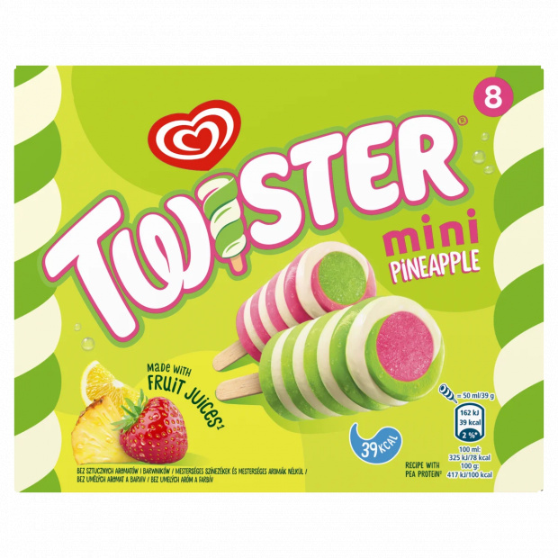 Twister Mini ananász ízű jégkrém eper-citrom ízű vizes és lime jégkrémmel 8 x 50 ml (400 ml)