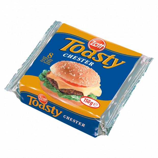 Zott Toasty Chester szeletelt, cheddar ízű, zsíros ömlesztett sajt 8 x 18,75 g (150 g)