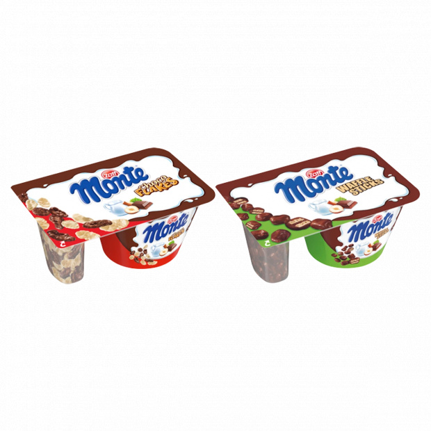 Zott Monte Choko Flakes vagy Waffle Sticks csokoládés-mogyorós tejdesszert 125 g