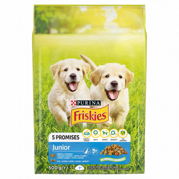 Purina Friskies Junior csirkével, zöldségekkel és tejjel száraz kutyaeledel 500 g