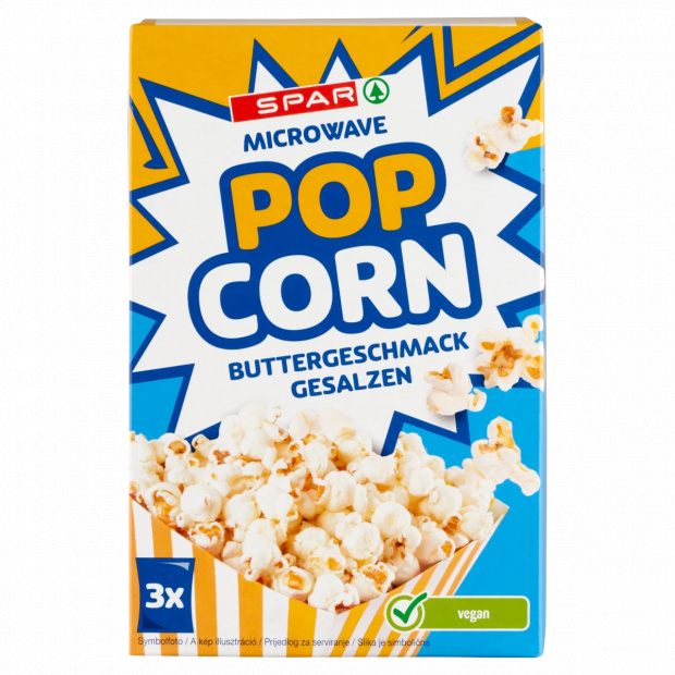 SPAR Pop Corn mikrohullámú sütőben készíthető, vajas ízű, sózott pattogatni való kukorica 3 x 100 g
