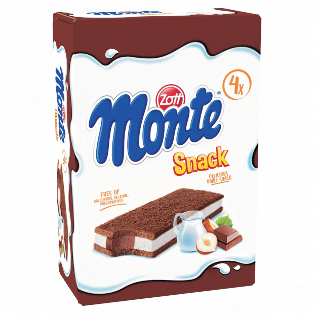 Zott Monte Snack tejes, csokoládés-mogyorós krémmel töltött sütemény 4 x 29 g (116 g)