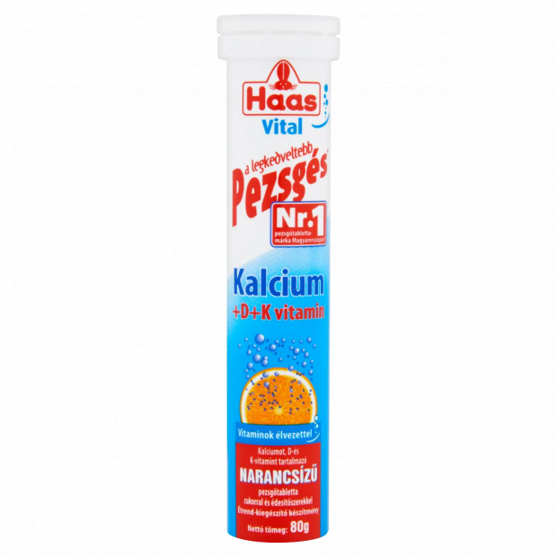 Haas Vital Kalcium + D + K vitamin narancsízű pezsgőtabletta cukorral és édesítőszerekkel 20 db 80 g