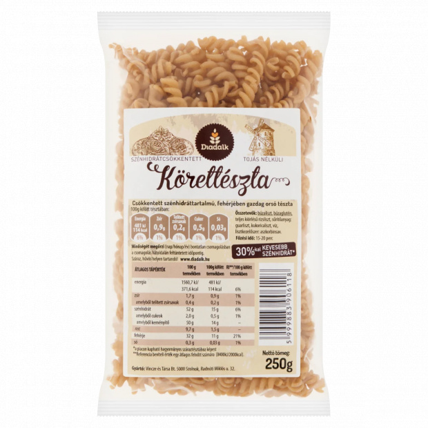 Diadalk Körettészta csökkentett szénhidráttartalmú, fehérjében gazdag orsó tészta 250 g Diadalk Körettészta csökkentett szénhidráttartalmú, fehérjében gazdag orsó tészta 250 g