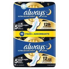 Always Ultra Secure Night Extra Egészségügyi Betét (5-ös Méret) Szárnyas Betét x 10]