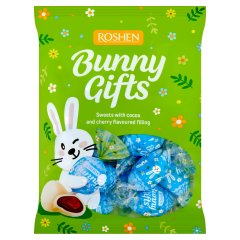 Roshen Bunny Gifts kakaó-meggy ízesítésű, töltött fehér mázzal bevont édesség 200 g