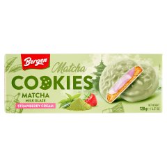 Bergen eper ízű tejes krémmel töltött keksz matchás tejbevonattal 128 g