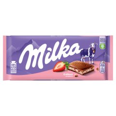 Milka alpesi tej felhasználásával készült tejcsokoládé eperízű krémmel töltve 100 g