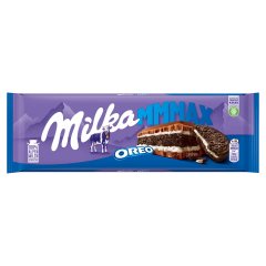Milka Oreo alpesi tejcsokoládé, vanília ízű, tejszínes krémmel és kakaós keksszel 300 g